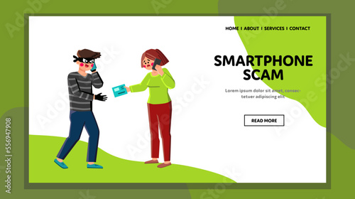 smartphone scam vector. phone fraud, cellphone mobile, phishing online, hacker technology, data smartphone scam web flat cartoon illustration