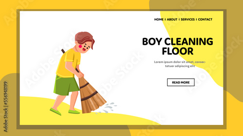 boy cleaning floor vector. home child, kid clean, room housework, house person, young happy boy cleaning floor web flat cartoon illustration