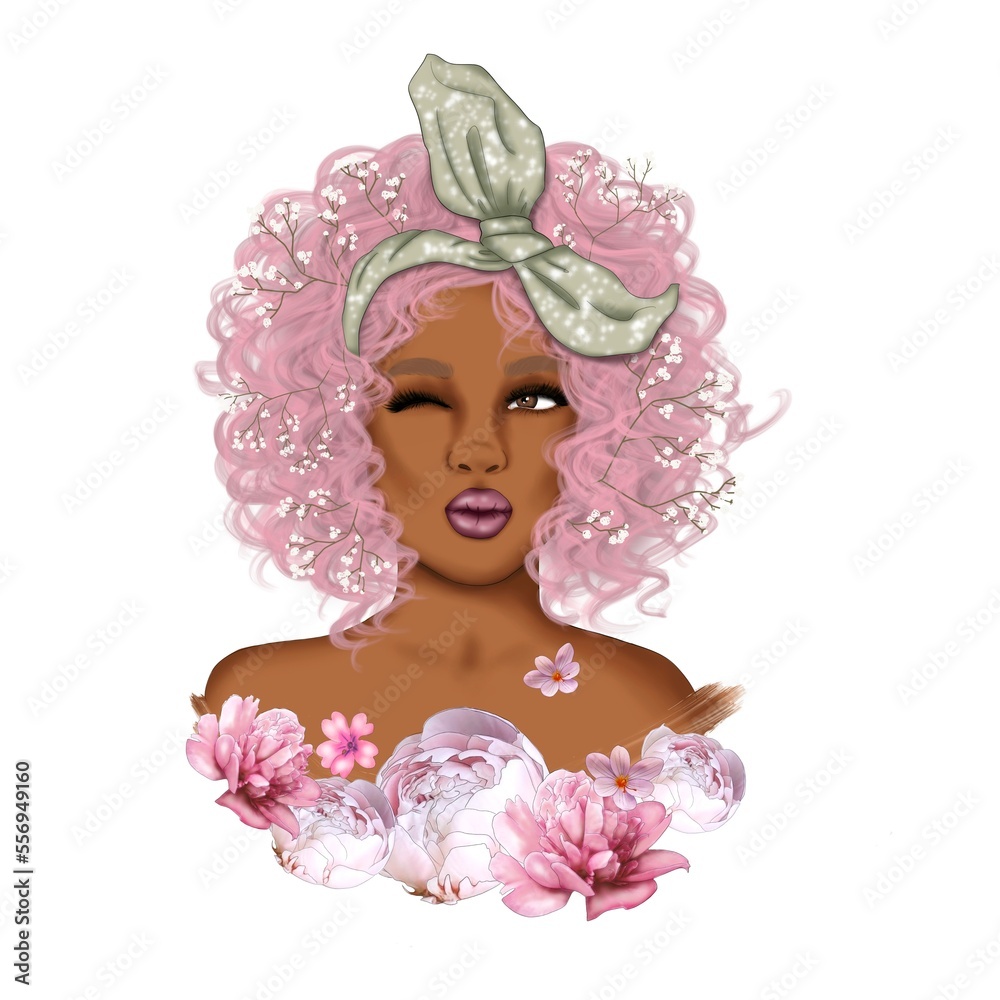 Fashion African American Pink Hair Girl With Flowers Isolated On A White Background Hand Drawn Scarf In The Hair Illustration	