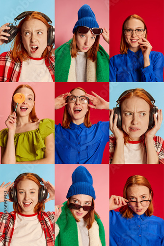 Collage. Portraits of young redhead girl posing in different clothes over multicolored background. Emotive. Lifestyle, hobby and occupation