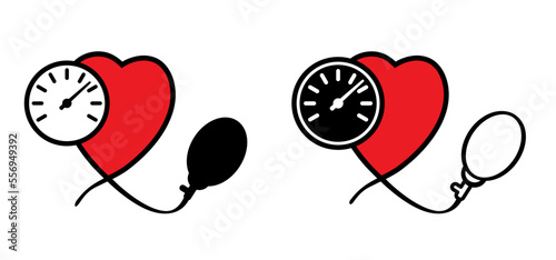 Cartoon blood pressure monitor, Medical tonometer. Pressure blood high or low, medical device. Measure the patient's blood pressure. Control healthcare concept. Heart check. ECG heartbeat line pulse.