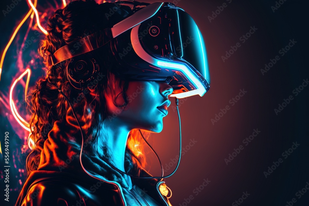 A woman wearing a VR headset, copy space, generative ai