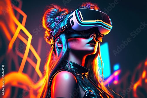 A futuristic girl wearing a virtual reality headset on a colorful neon light background, generative ai