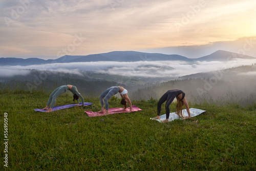 Healthy fit women in sport clothes stretching body on yoga mat among beautiful summer mountains. Three young ladies spending free time for outdoors activity.  © serhiibobyk