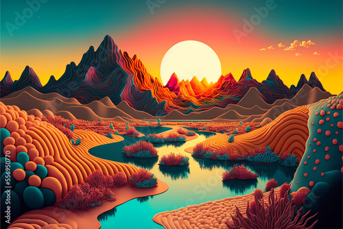 Magical sunset landscape created with generative AI technology photo