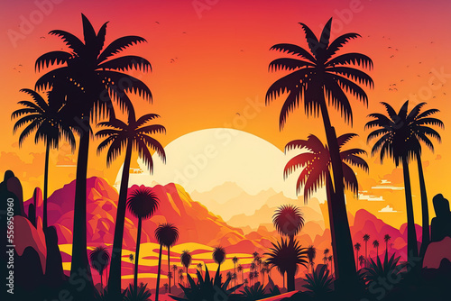 Cartoon flat panoramic scene  palm trees at sunset against a vibrant backdrop. illustration. Generative AI