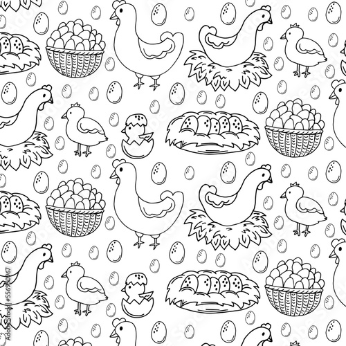 Seamless pattern with chickens, roosters and chickens. Vector illustration.