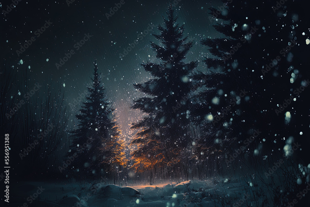 Realistic snowfall in a blur over a dark background. Generative AI