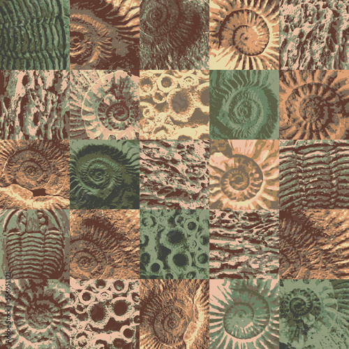vector abstact seamless pattern background with sea stone texture with imprints of shells of ancient ammonite shells. Suitable for wallpaper design, wrapping paper, fabric, ceramic tiles