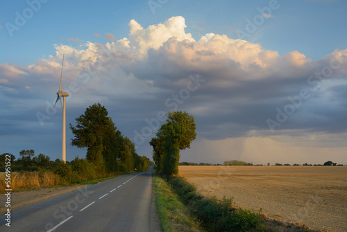 France, Loire-atlantique, Loireauxence, Country road and wind turbine in field photo