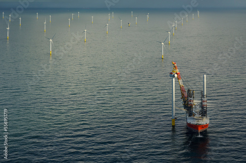 The Netherlands, Zuid-Holland, Construction of offshore wind farm in North Sea © Image Source