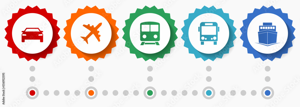 Transport vector icons, vehicles flat design web badges collection, business infographic template