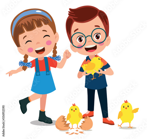 cute yellow little chicks and boy