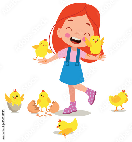 cute yellow little chicks and boy
