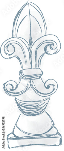 architectural elements in naive hand drawn style. Imitation of watercolor. Gypsum, stucco, forging. Monochrome vector illustration. Architecture, history, antiquity, middle ages
