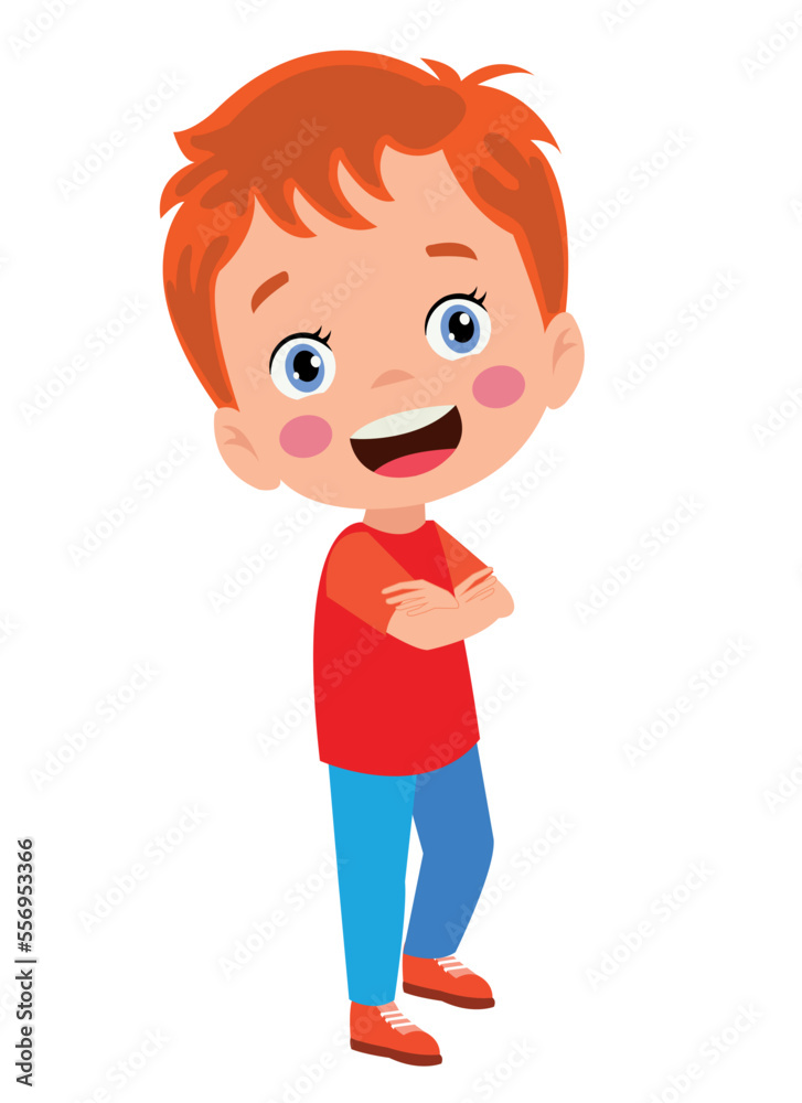 Cartoon cute boy stands in a confident pose, arms crossed over his chest. Colorful vector isolated kids illustration.
