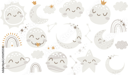 Cute vector set. Sleeping planets. Sun, flax, uranium, Pluto, stars and other planets, rainbow. Cute children's illustrations.