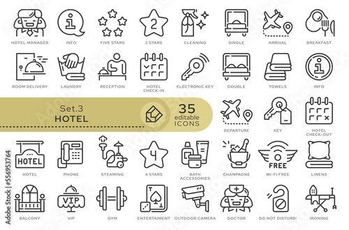 Set of conceptual icons. Vector icons in flat linear style for web sites, applications and other graphic resources. Set from the series - Hotel and Travel. Editable outline icon.	