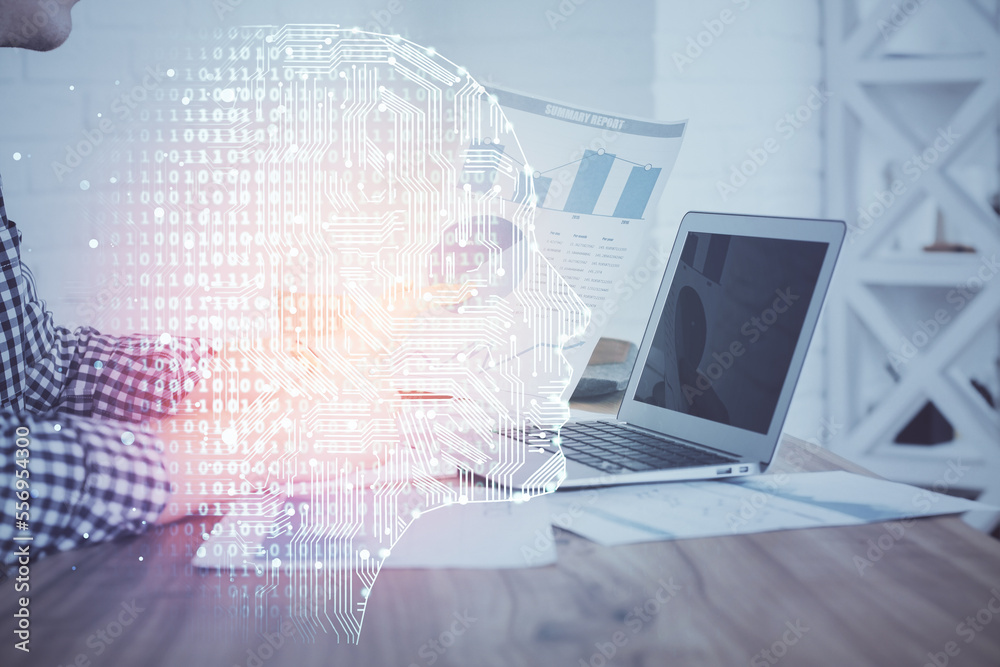 Man typing on keyboard background with brain hologram. Concept of big Data. Double exposure. Man typing on keyboard background with brain hologram. Concept of big Data. Double exposure.