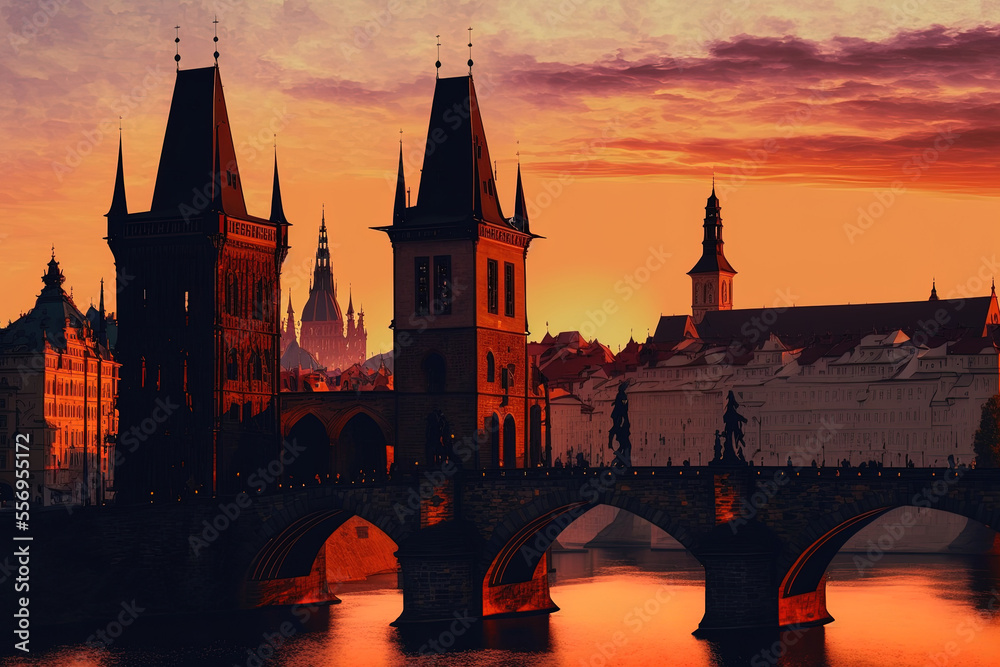 Czech Republic's Charles Bridge and Old Town Bridge Tower in a classic sunset view of Prague's Vltava River. Generative AI