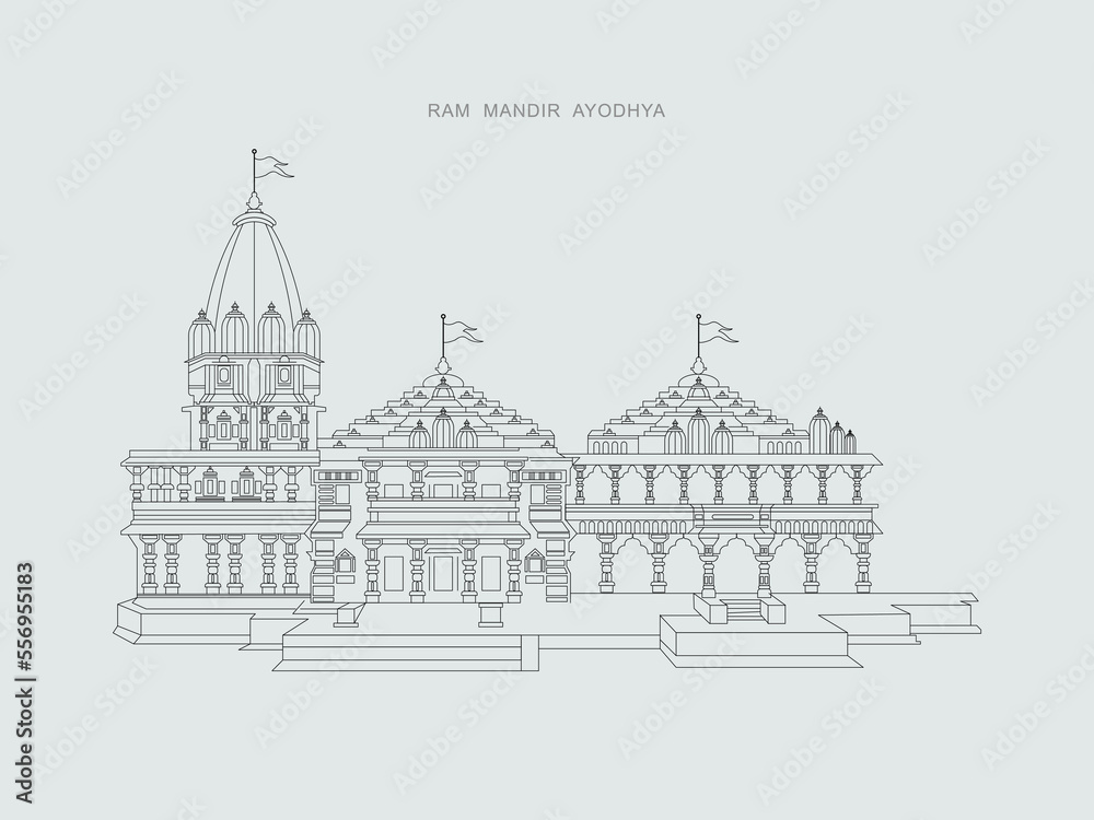 illustration of Hindu mandir of India with text meaning Shree Ram temple.