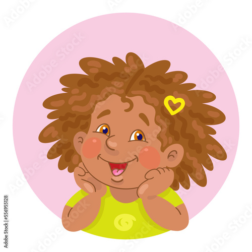 Portrait of a little African American girl. Avatar icon in a circle. In cartoon style. Isolated on white background. Vector illustration.