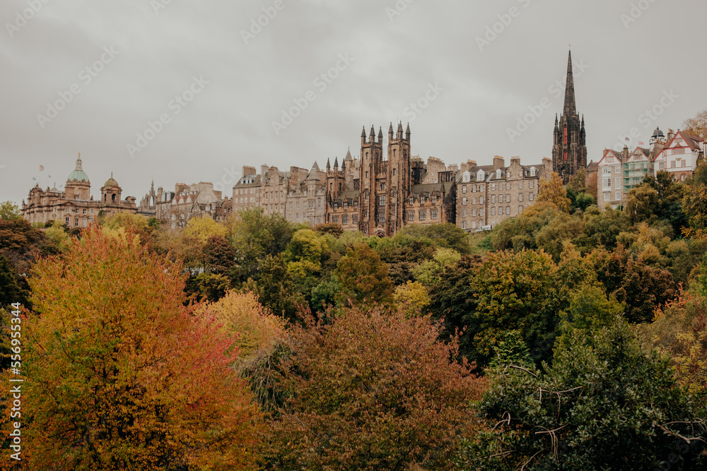 Edinburgh Scotland: 19th Oct 2022: Edinburgh City skyline in Autumn view from Princes Street gardens