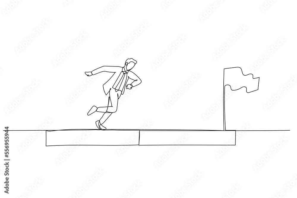 Cartoon of businessman run on progress bar to achieve success flag concept of progress. One line art style Cartoon of businessman run on progress bar to achieve success flag concept of progress. One line art style
