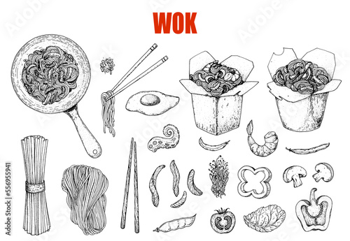 Wok noodles sketch, ingredients for wok. Design elements. Hand drawn collection. Vector illustration . Noodles in a carton box. Asian food.