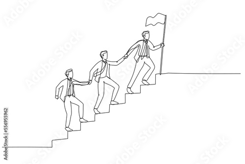 Illustration of businessman team walking up staircase, holding hands with raised flag. Single line art style