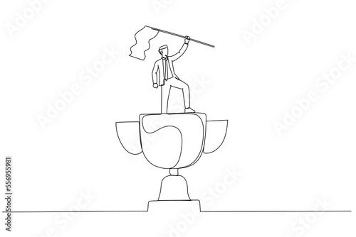 Illustration of businessman winner raising flag on winning trophy concept of victory. Single continuous line art style © rina