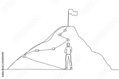 Cartoon of businessman following the lines leading to the top of success. Single line art style