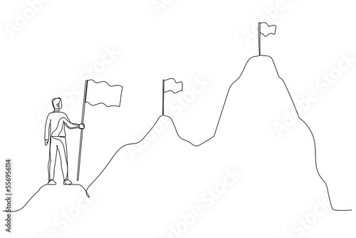 Cartoon of businessman climbing up mountains concept of business development. One line art style