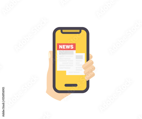 Human hand holding bezel-less smartphone, mobile news application in smartphone logo design. Browsing latest articles. Newspaper checking business news from smartphone vector design and illustration.