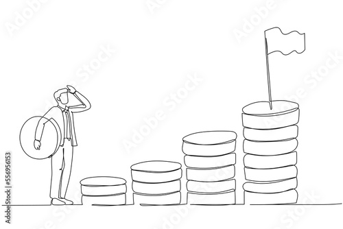 Drawing of businessman carrying money coin start step on compound money stack start invest. Single continuous line art style