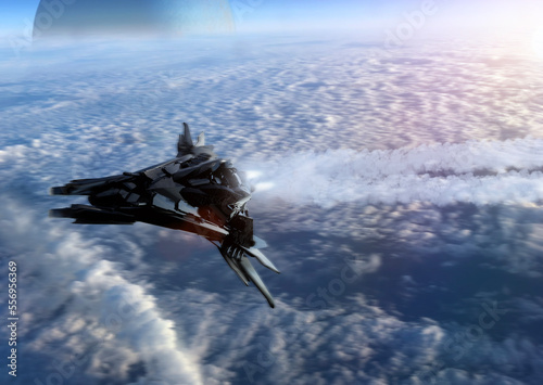 Fototapeta Naklejka Na Ścianę i Meble -  Spaceship flying over clouds, 3D illustration