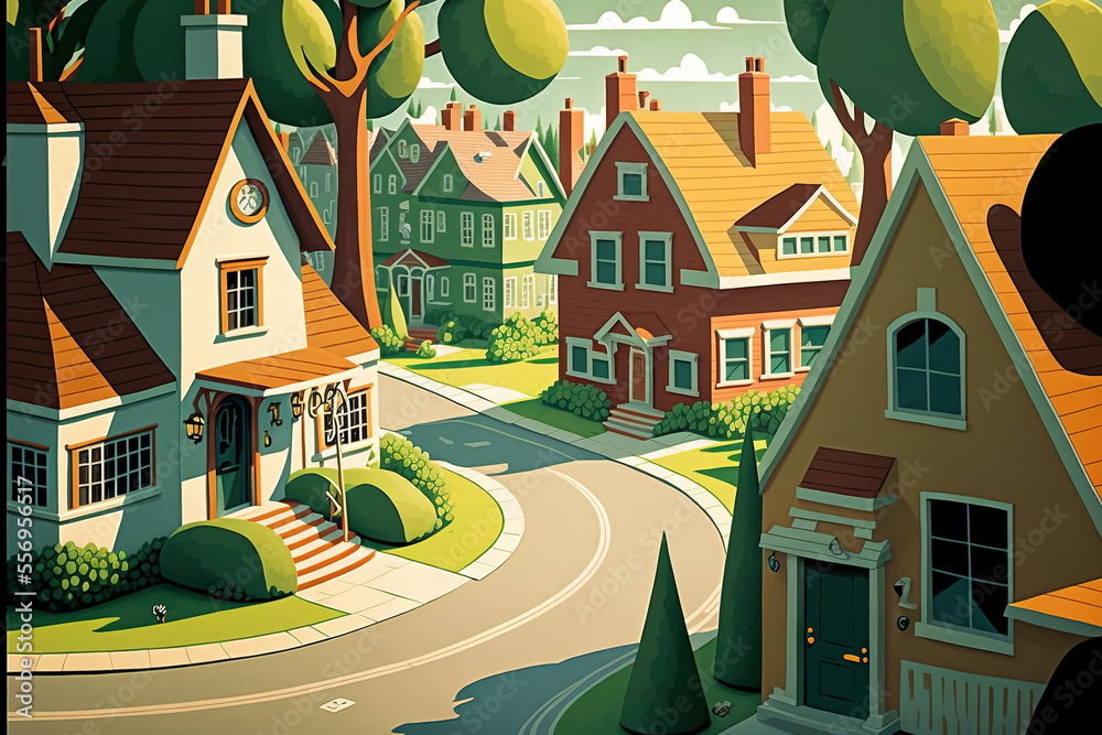 A view of a suburban area showing houses in cartoon style. Generative AI