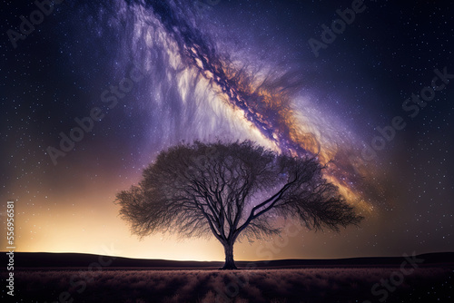 long exposure picture with grain of a tree silhouette and the milky way. Generative AI