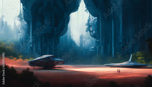 Fototapeta Naklejka Na Ścianę i Meble -  A majestic painting of a crashed spaceship in the midst of a forest, devoid of any human figures. The image captures the grandeur and otherworldly nature of the vessel. Generative AI