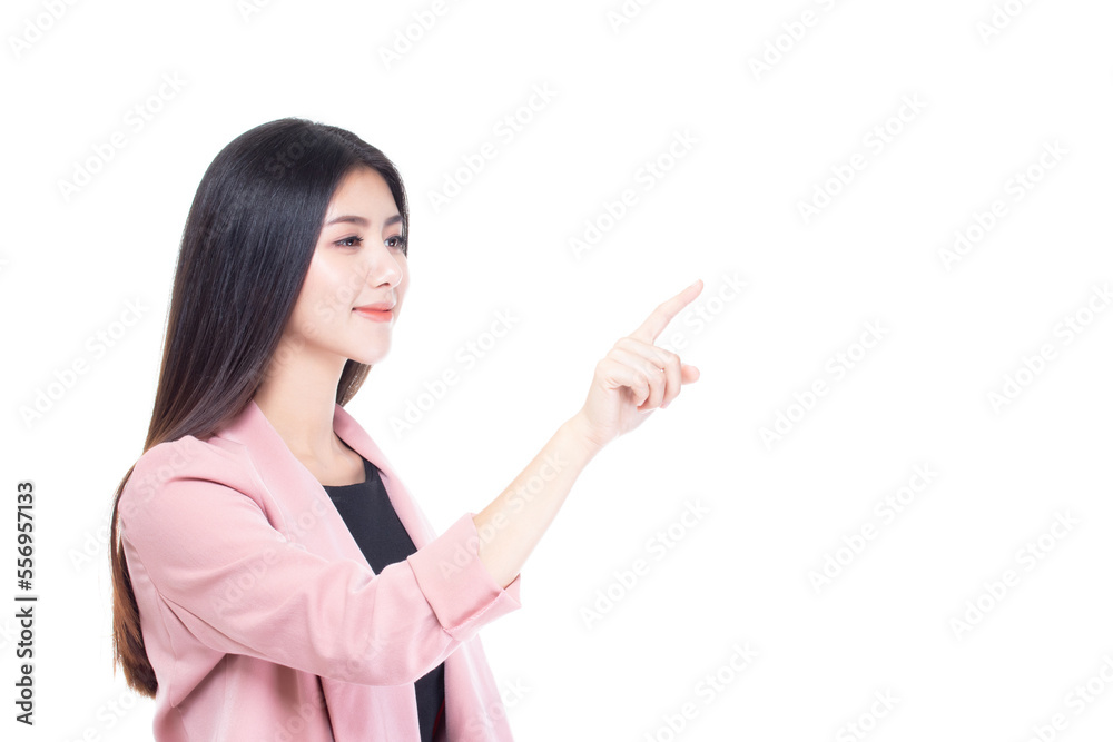Beautiful attractive asian business woman wearing pink suit confident and smile touching virtual screen with her finger isolated on white background with copy space. Beautiful attractive asian business woman wearing pink suit confident and smile touching virtual screen with her finger isolated on white background with copy space.
