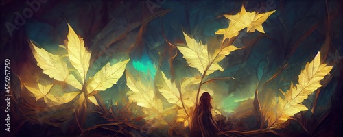 Leaves of trees in a magical fantasy forest. Generative AI technology