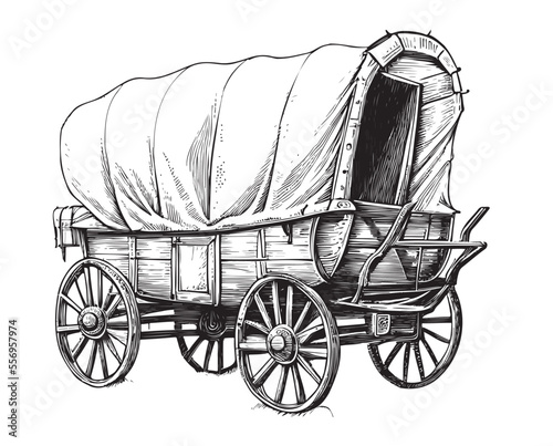 Covered wagon stagecoach retro sketch hand drawn engraving style Vector illustration photo
