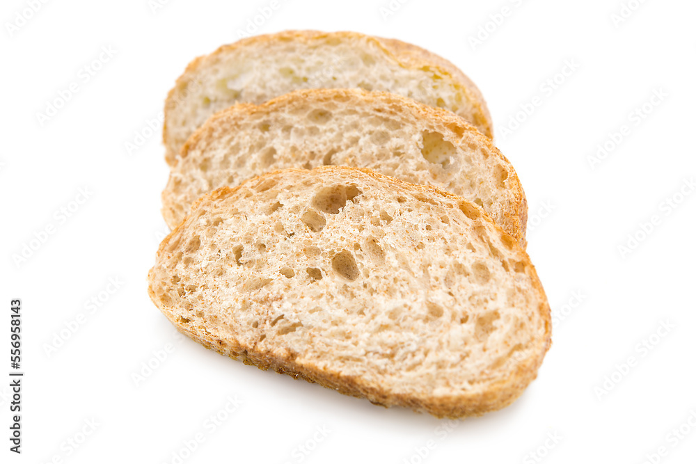 Slice of ciabatta ( Italian bread ) isolated on white background. Copy space. Slice of ciabatta ( Italian bread ) isolated on white background. Copy space.