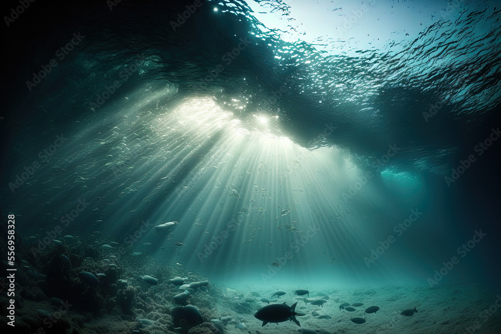 Obraz premium Ocean, sea, and light rays underwater. Generative AI