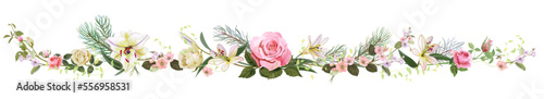 Panoramic view with gentle roses, lilies, spring blossom, pine branches. Horizontal border for Valentine's Day: flowers, leaves on white background, digital draw, vintage watercolor style, vector