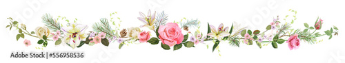 Panoramic view with gentle roses, lilies, spring blossom, pine branches. Horizontal border for Valentine's Day: flowers, leaves on white background, digital draw, vintage watercolor style, vector