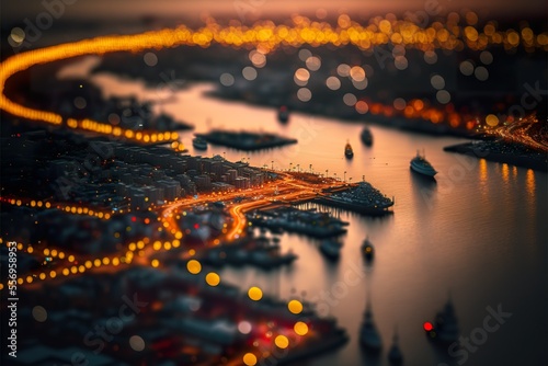 Drone photo of a port at night 3D Illustration