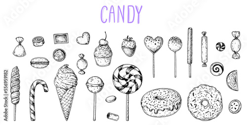 Set of sweets. Sketch collection. Hand drawn vector illustration. Black and white candies set. Vector illustration in sketch style. Design elements.