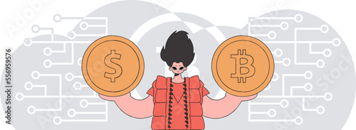 Man holding bitcoin and dollar. Cryptocurrency and fiat exchange theme.