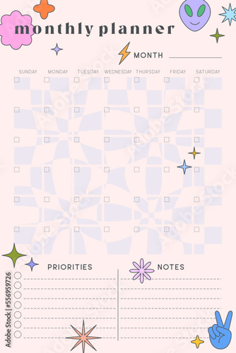 Vector monthly planner template with y2k patches,icons and emblems.Organizer and schedule with place for goals,to do list,priorities,notes.Trendy layout in 90s groovy aesthetic.Abstract modern design.